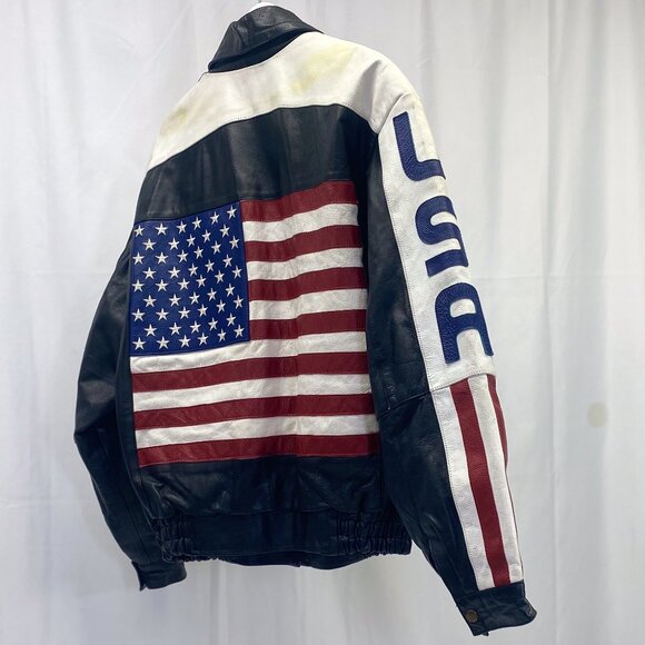Vintage Leather USA Flag Bomber Jacket Leather King Biker Coat - Picture 1 of 14